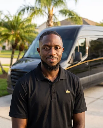 Elijah Amevor, crew lead, in a black polo with a gold crown