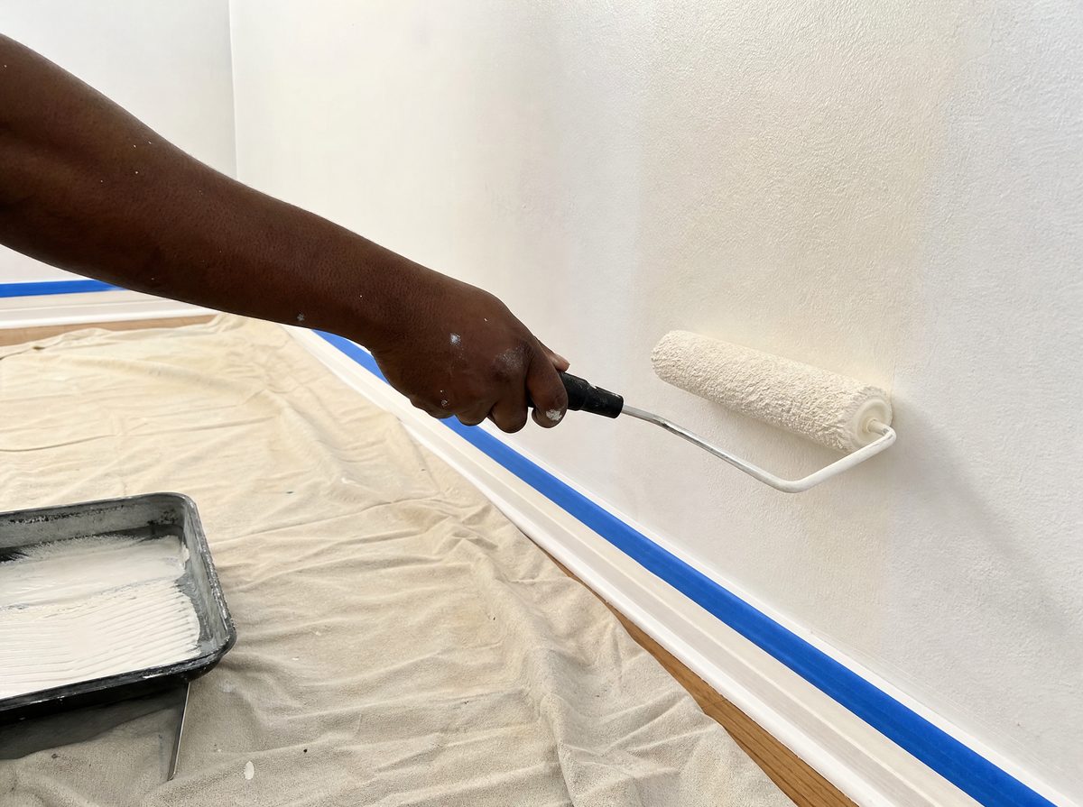 A paint roller putting a fresh coat on a wall above taped baseboard
